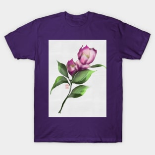 Dark pink watercolor and sumiE ink camellia T-Shirt